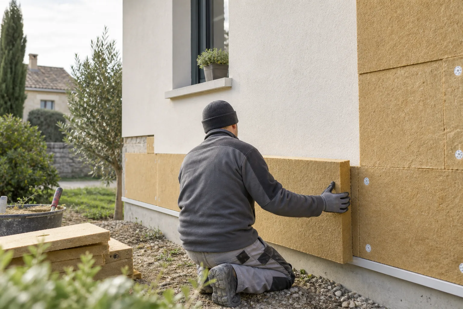 Pose de panneaux isolants sur la façade d’une maison, illustration générée par IA