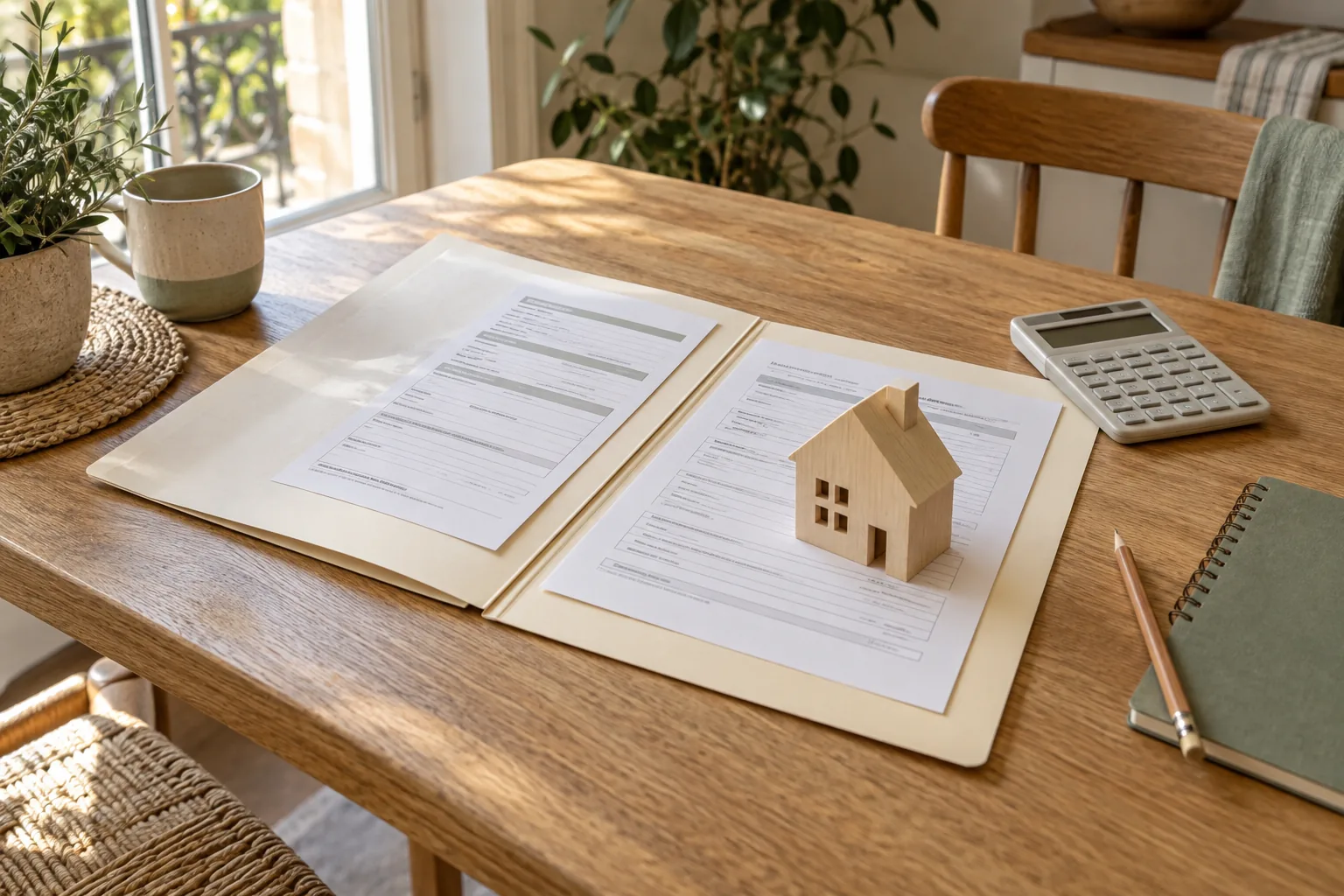 Dossier de rénovation, maison en bois et calculatrice, illustration générée par IA