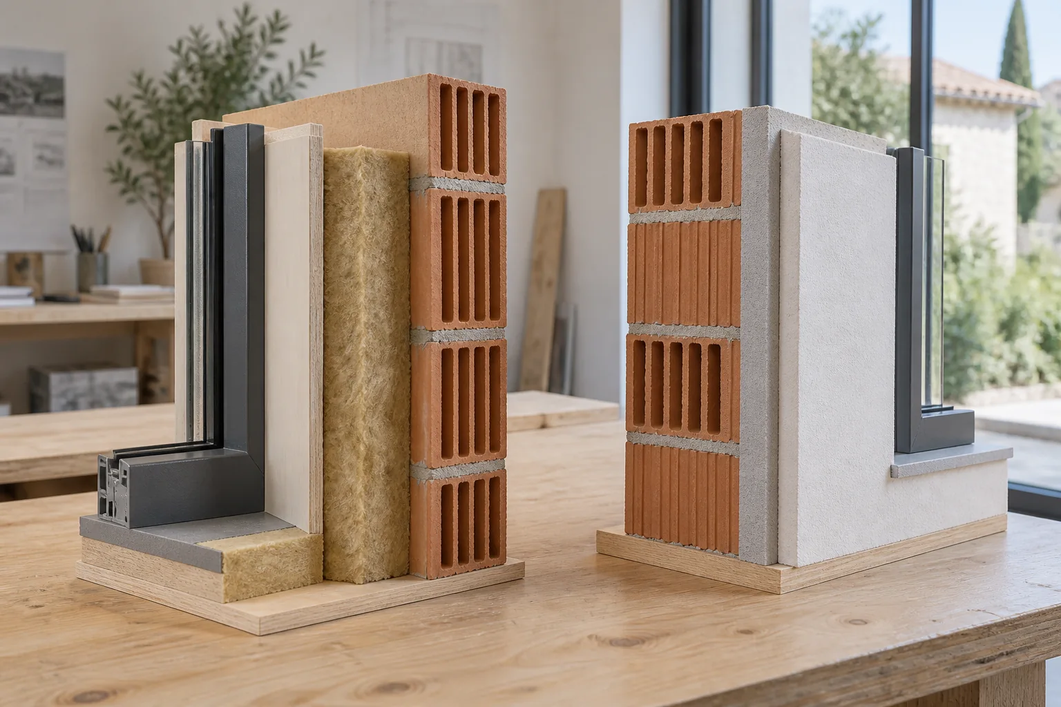 Maquette de mur montrant les possibilités d’isolation, illustration générée par IA