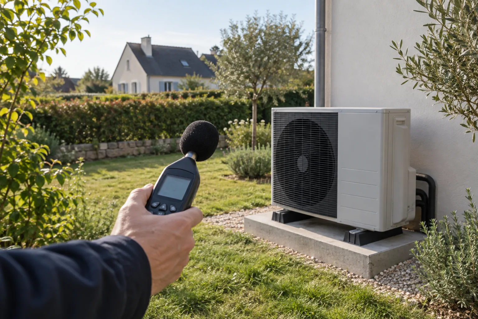 Mesure du bruit près d’une pompe à chaleur dans un jardin, illustration générée par IA