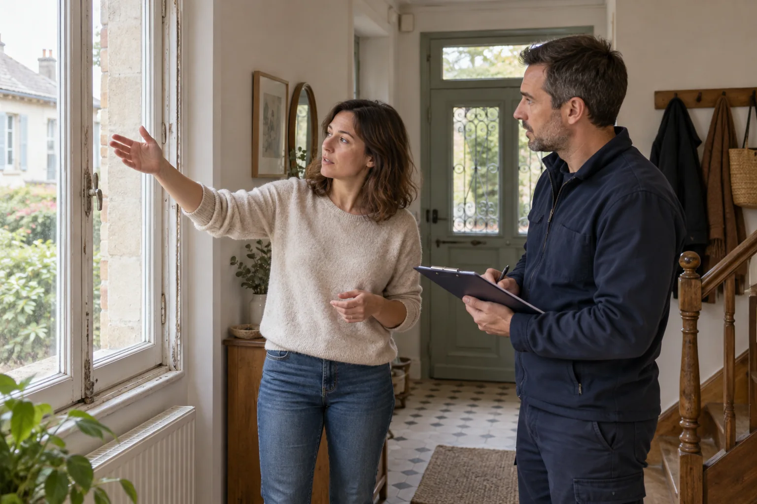 Échange avec un technicien pendant une visite de maison, illustration générée par IA