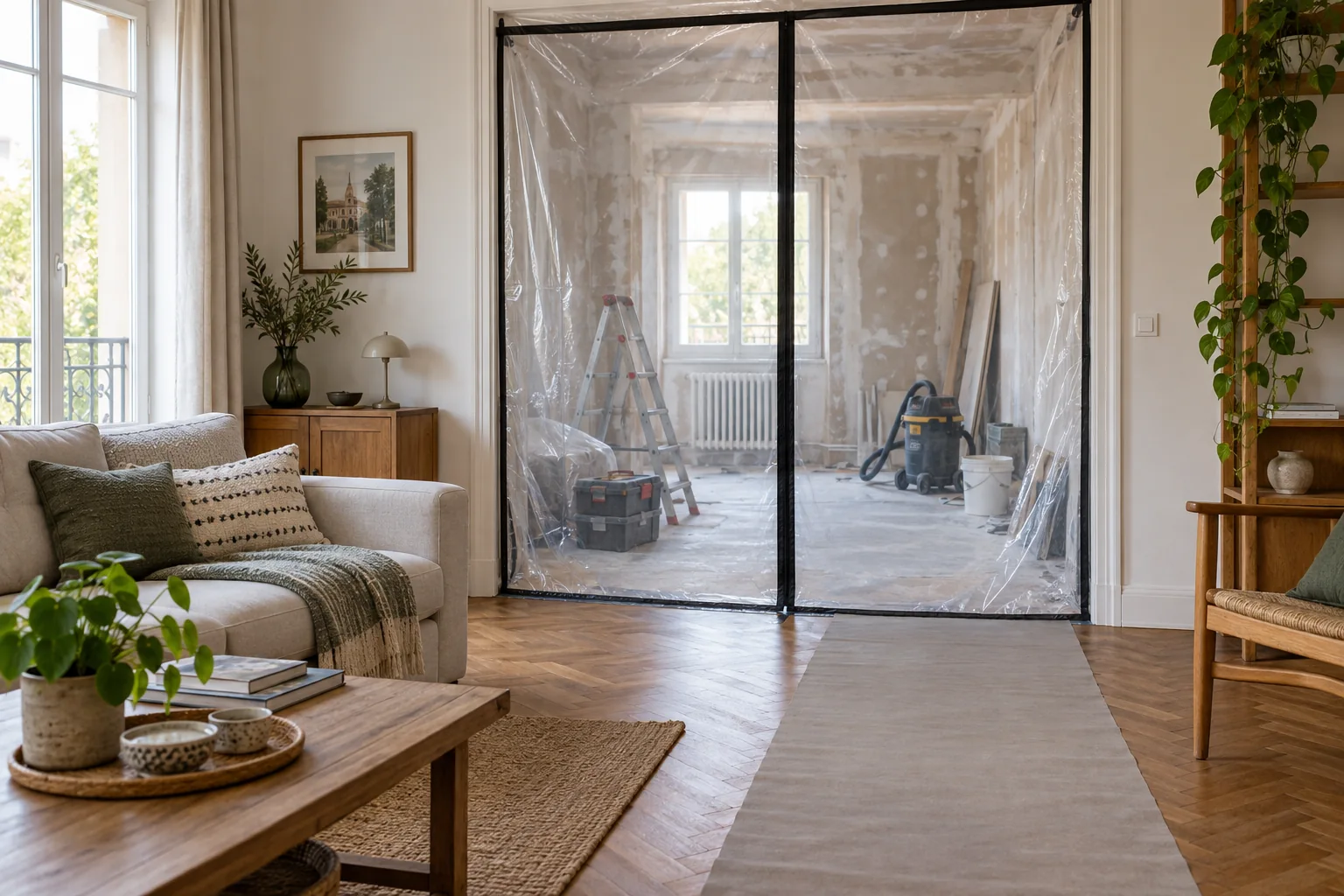 Séparation d’une zone de travaux et d’un salon habité, illustration générée par IA