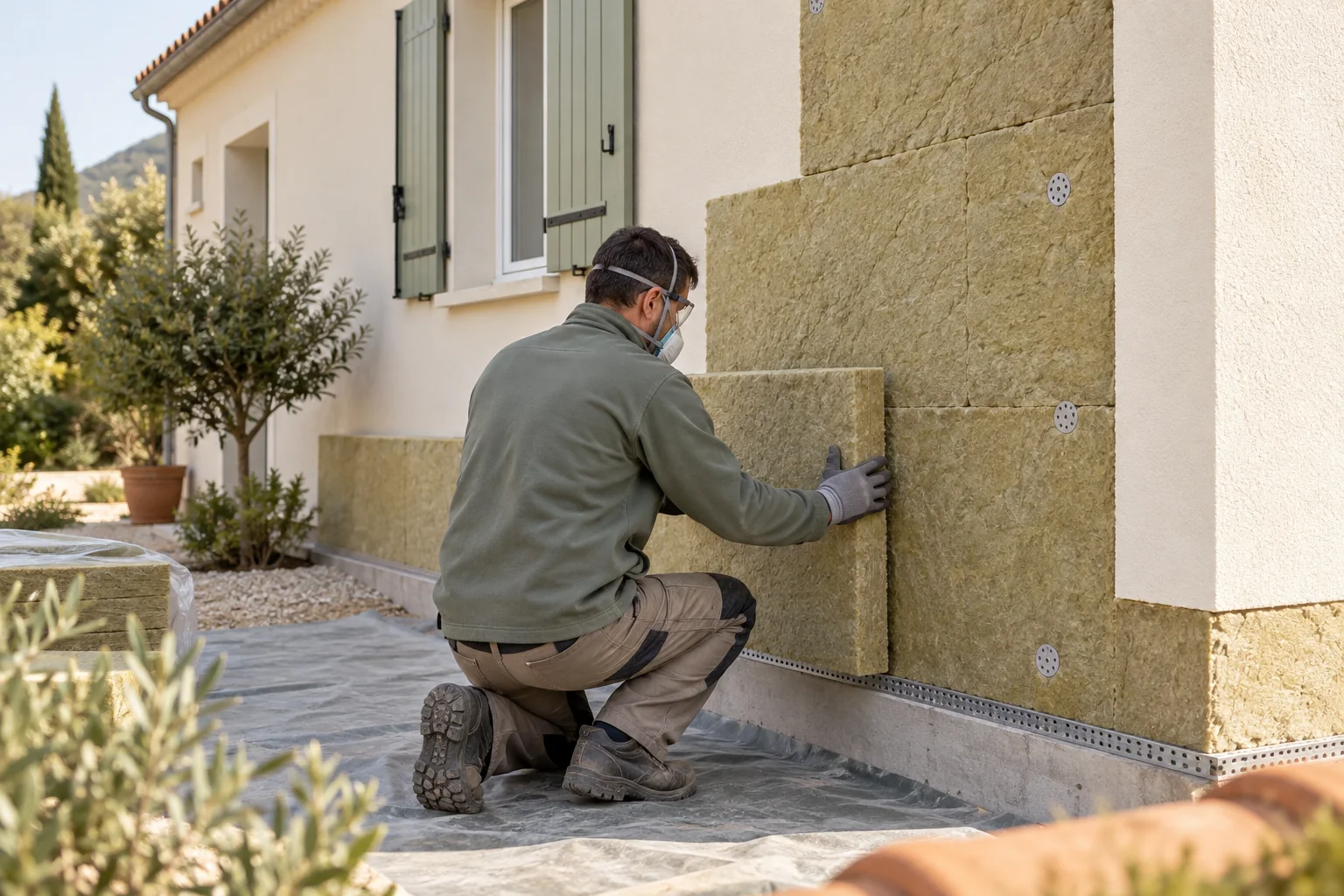 Pose de panneaux isolants sur une façade, visuel d’illustration